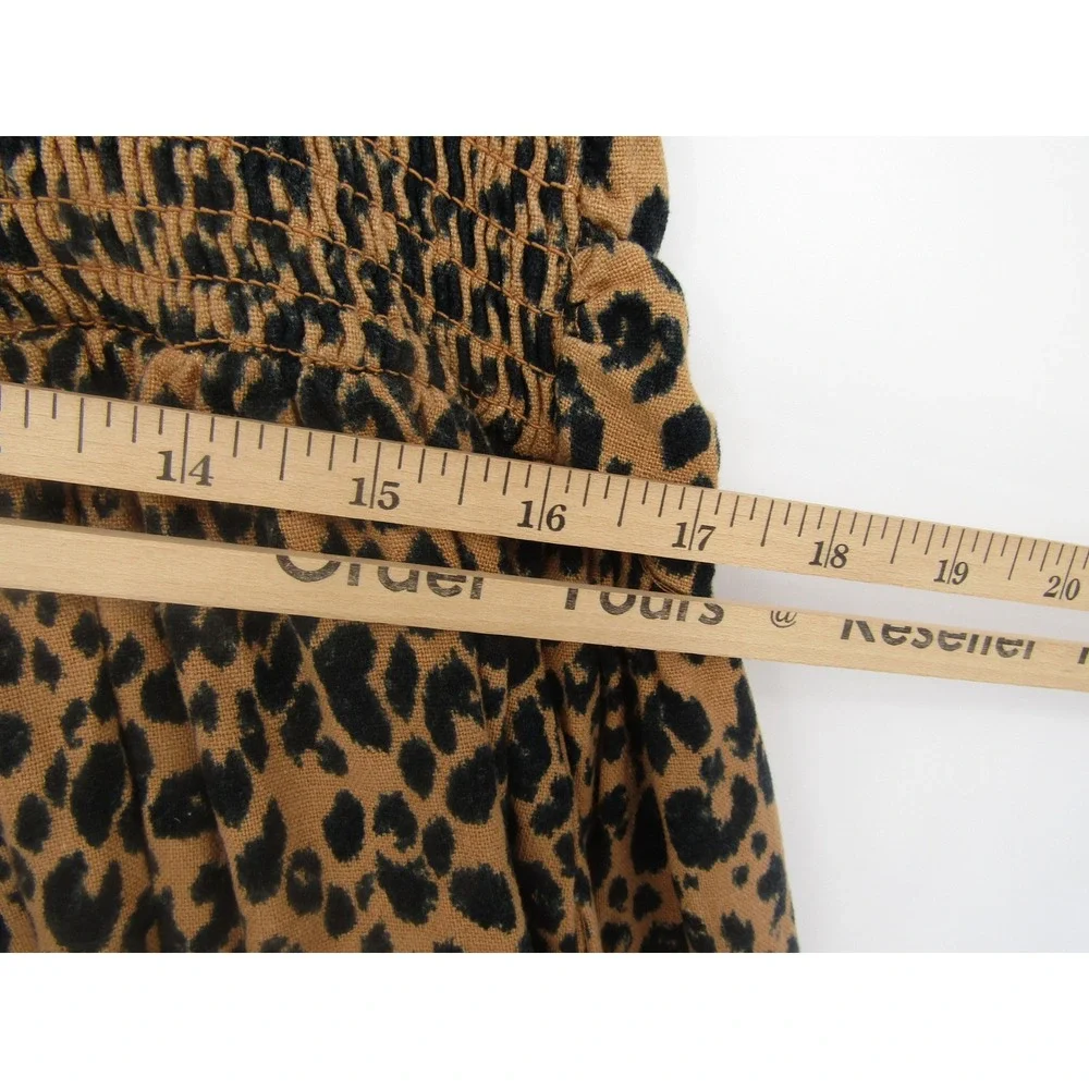 Brown Leopard Print Linen Strapless Midi Dress XL Casual Safari Animal Boho Chic